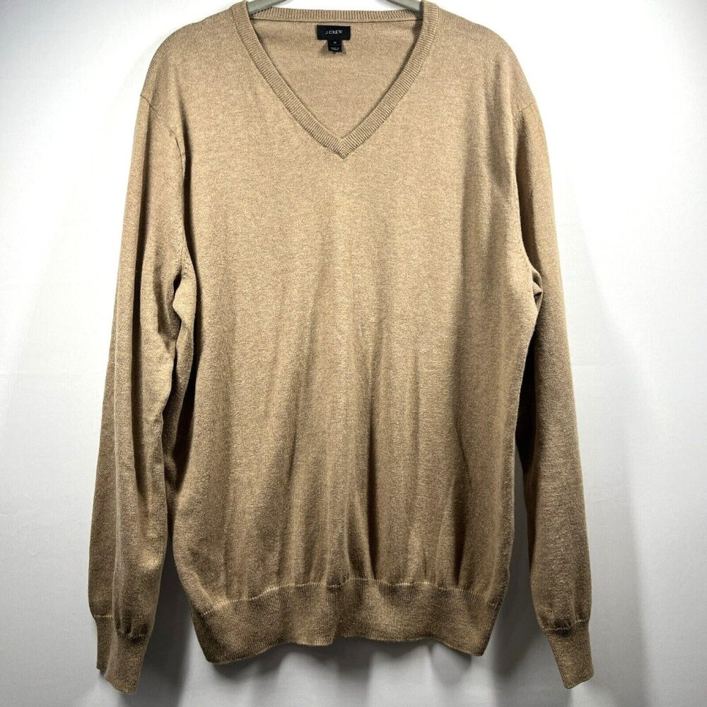 J Crew Men's Sweater‎ Medium Cashmere Blend Beige V Neck Long Sleeve Pullover